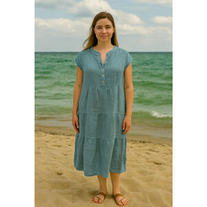 Italian  100% Linen Dress Breathable Tiered V-Neck beach to brunch relaxed Small